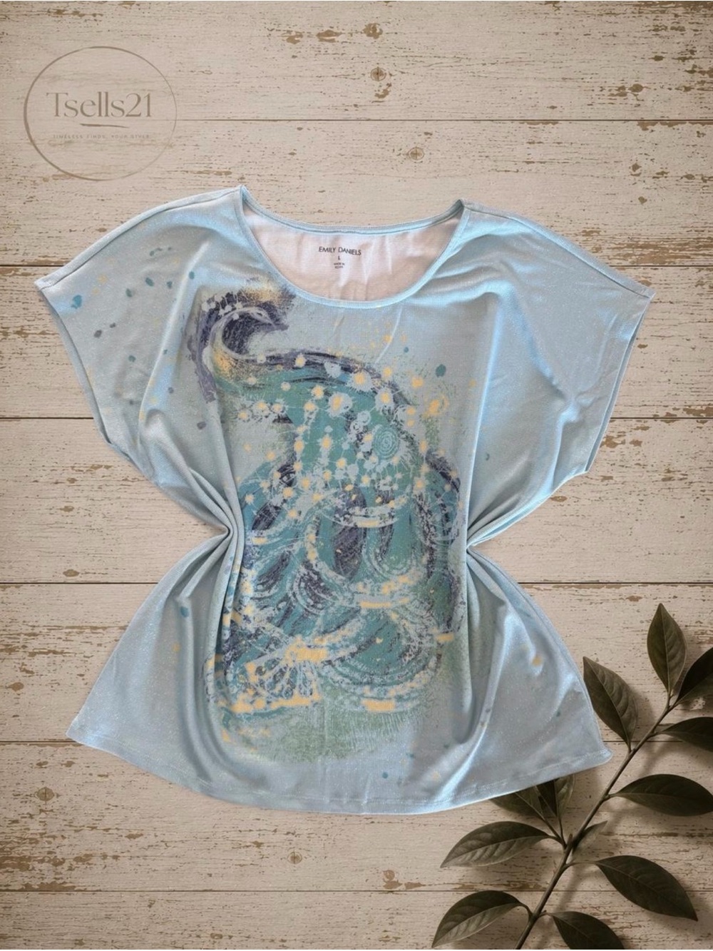 Emily Daniels Blue Metallic Graphic Tee - Size L